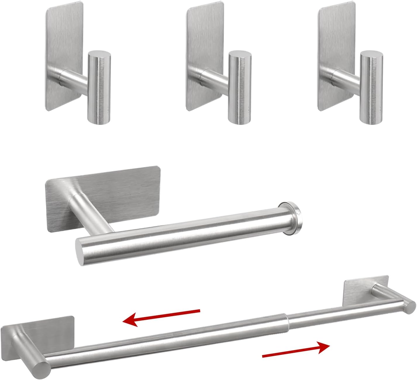 5 PCS Self Adhesive Bathroom Hardware Set, Stainless Steel Towel Rack Set Include Adjustable 24In Bath Towel Bar+Toilet Paper Holder+3 Towel/Robe Hooks Bathroom Accessory Kit(Brushed Nickel)