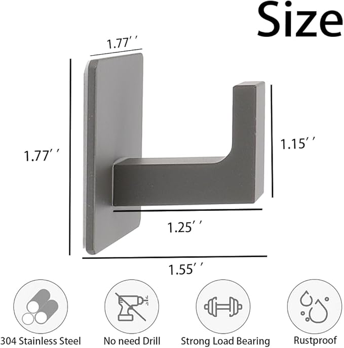 Bath Towel Hooks, 4 Pack Self Adhesive Square Coat Hooks, Sturdy No Drilling Robe Hook, Stainless Steel Heavy Duty Clothes Hanger, Wall Hooks for Bathroom Bedroom Kitchen (2 in, Grey)
