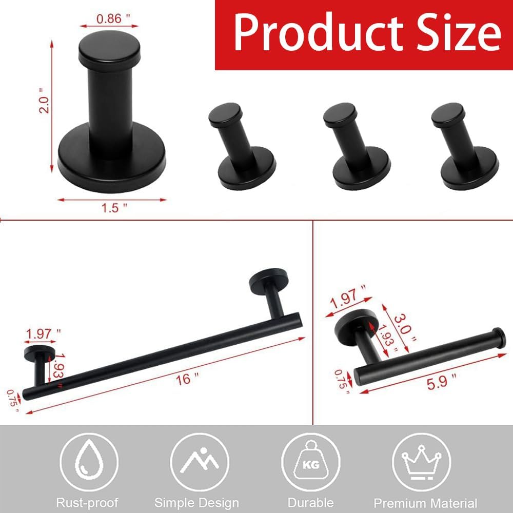6 Pcs Bathroom Hardware Set 304 Stainless Steel-Towel Rack Set Include Hand Towel Bar+Toilet Paper Holder+4 Robe Towel Hooks Bathroom Accessory Towel Bar Set (Black, 16IN)