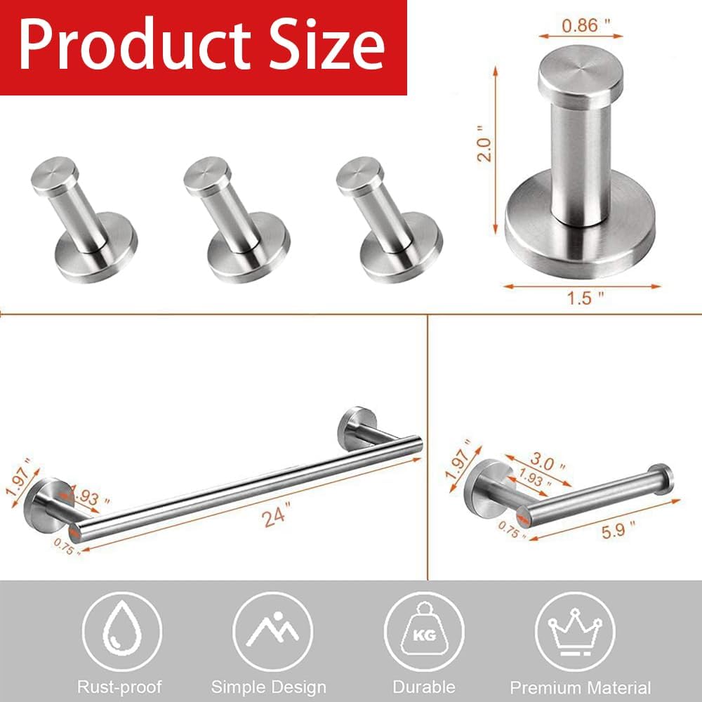 6 Pieces Bathroom Hardware Set 304 Stainless Steel-Towel Rack Set Include Hand Towel Bar+Toilet Paper Holder+4 Robe Towel Hooks Bathroom Accessory Towel Bar Set (Brushed, 24IN)