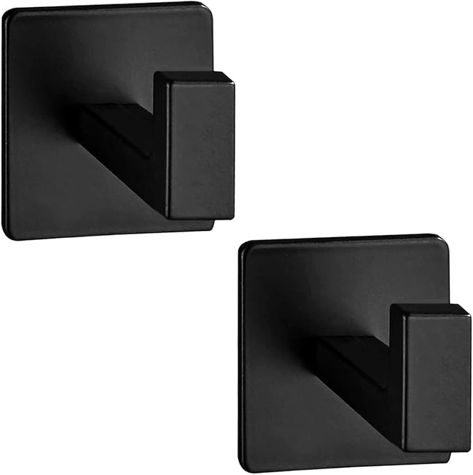 Bathroom Towel Hooks, 2 Pack Self Adhesive Square Coat Hooks, Sturdy No Drilling Robe Hook, Stainless Steel Heavy Duty Clothes Hanger, Wall Hooks for Bathroom Bedroom Kitchen(Black, 2 in)