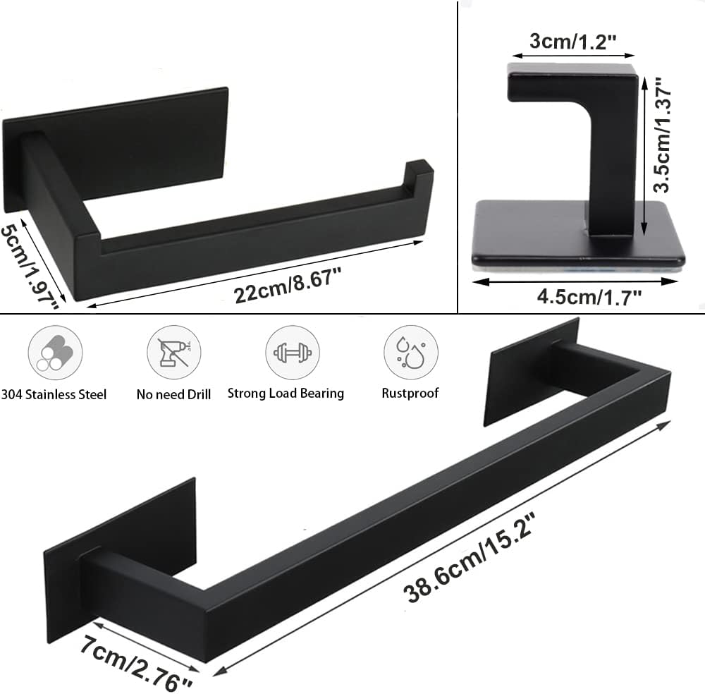 5 Pieces Self Adhesive Bathroom Hardware Set-SUS304 Stainless Steel-Towel Rack Set Include 16″Towel Bar+Toilet Paper Holder+3 Towel/Robe Hooks Bathroom Accessory (Matte Black, 16 in)