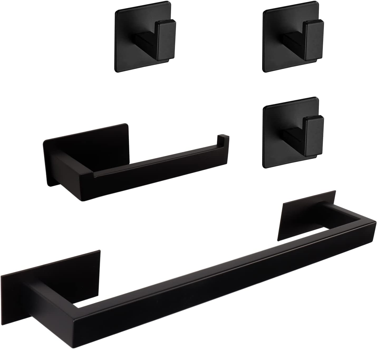5 Pieces Self Adhesive Bathroom Hardware Set-SUS304 Stainless Steel-Towel Rack Set Include 16″Towel Bar+Toilet Paper Holder+3 Towel/Robe Hooks Bathroom Accessory (Matte Black, 16 in)