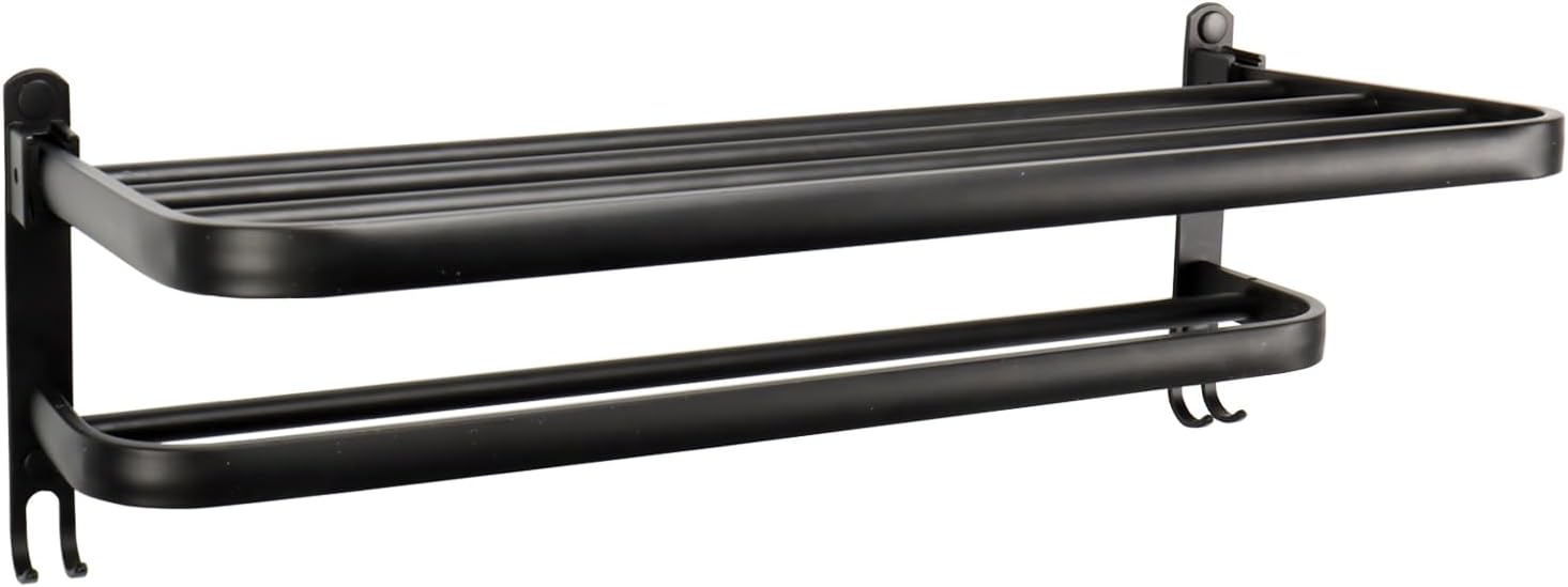 Towel Rack for Bathroom, Bath Towel Holder with Double Towel Bar and Foldable Towel Shelf, Rustproof Towel Organizer Wall Mounted Towel Storage Hanger (24In Black)