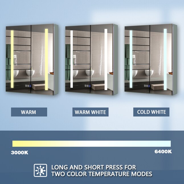 LED Medicine Cabinet 20-in x 26-in Lighted LED Fog Free Surface/Recessed Mount Silver Mirrored Soft Close Medicine Cabinet with Outlet