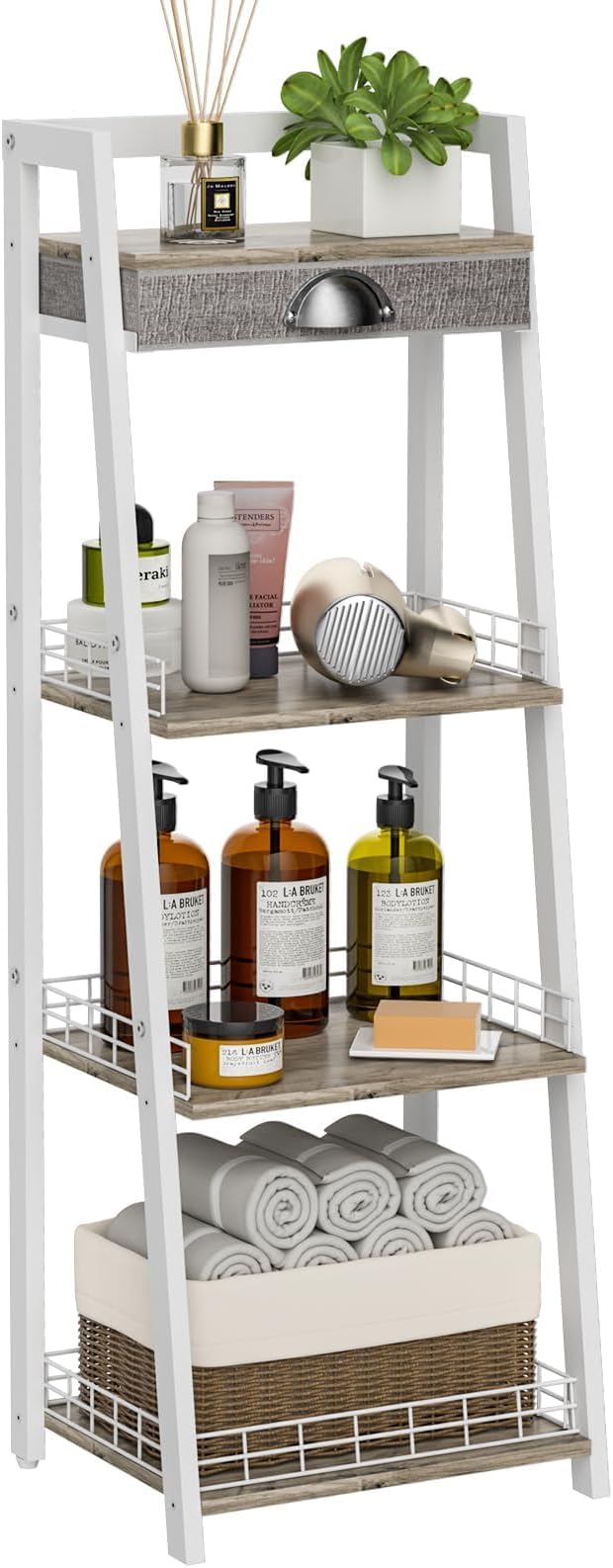 4-Tier Elegant Ladder Shelf, Bathroom Storage Shelf, Ladder Bookshelf with Drawer