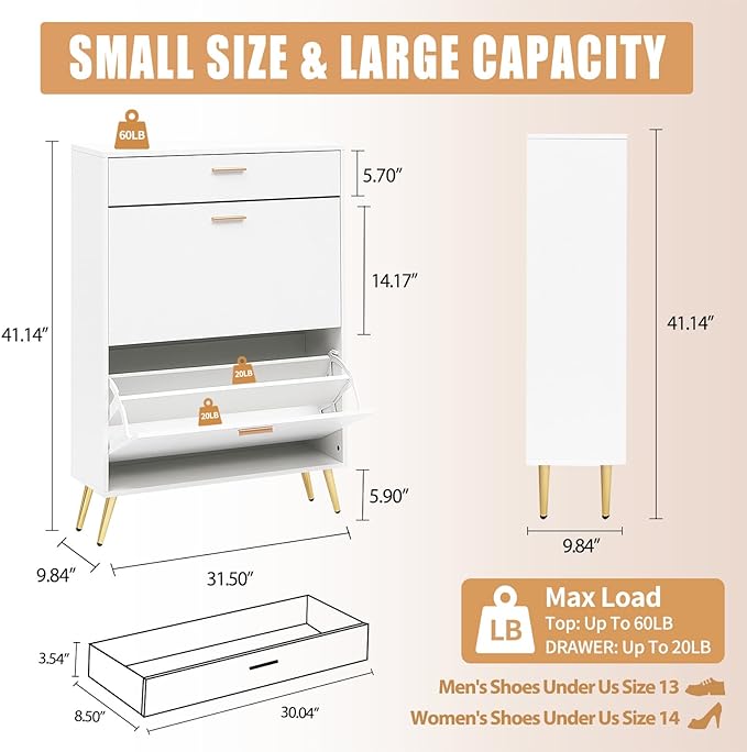Shoe Cabinet with Metal Legs for Entryway, White Freestanding Storage Rack