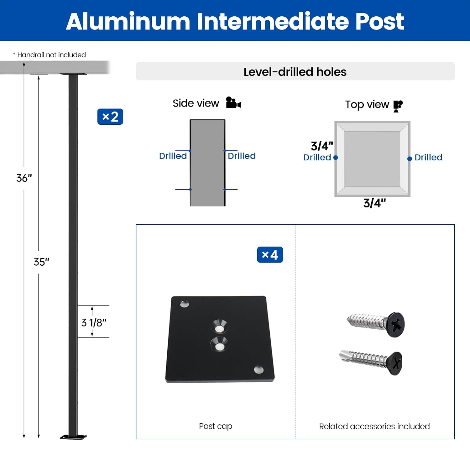  2Pack Black Aluminum Intermediate Cable Railing Post Level drilled 36" x3/4" Surface Mount Cable Railing System Kit
