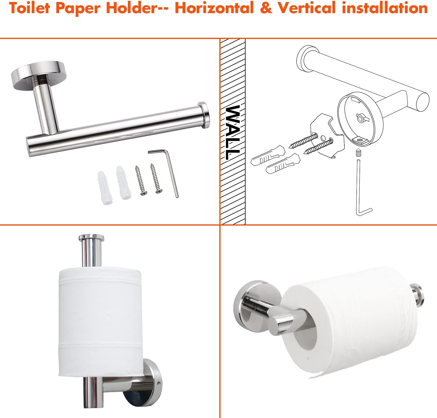 6 Pieces Bathroom Hardware Set 304 Stainless Steel-Towel Rack Set Include Hand Towel Bar+Toilet Paper Holder+4 Robe Towel Hooks Bathroom Accessory Towel Bar Set (16IN, Chrome)