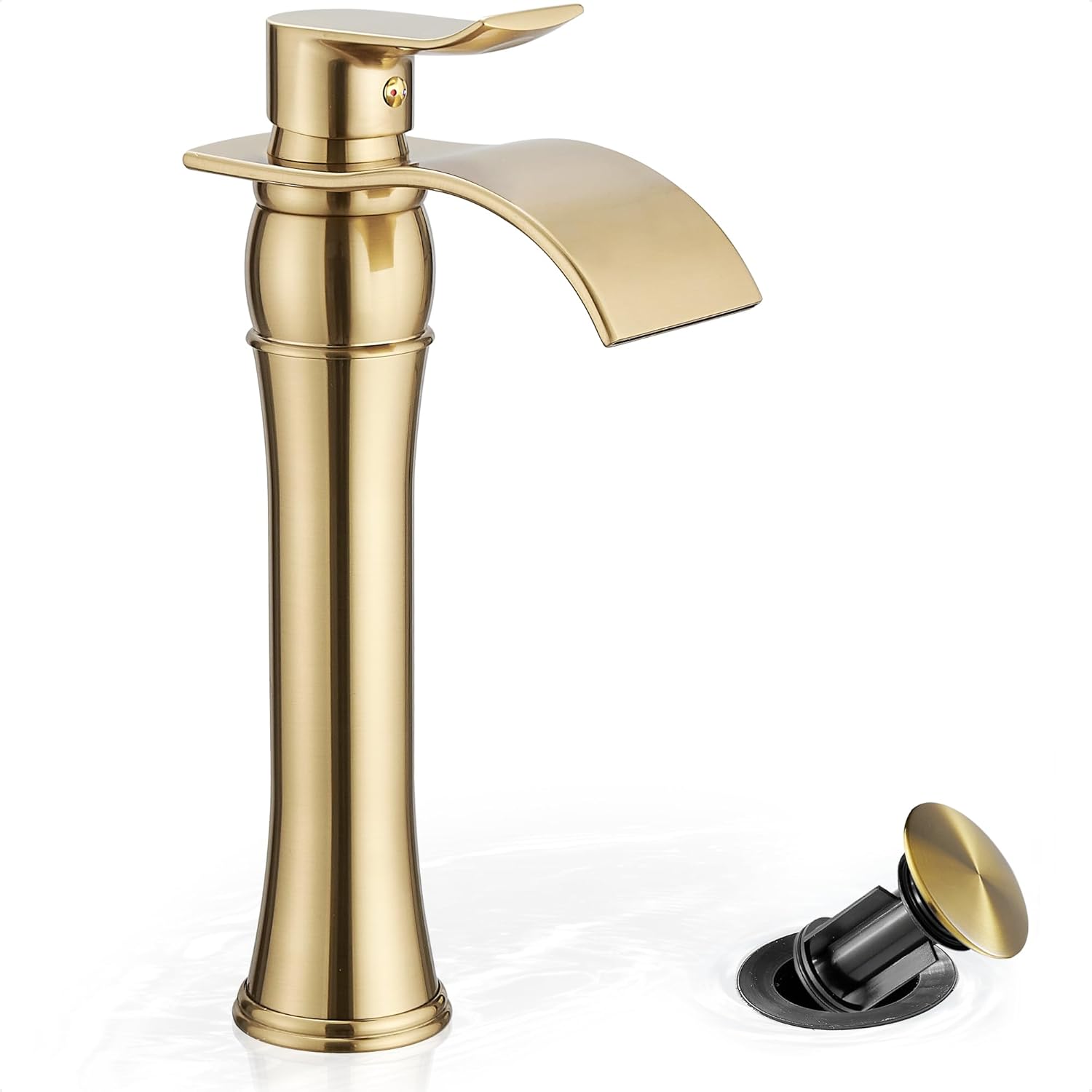 Gold Vessel Sink Faucet, Brass Tall Bathroom Faucets, Single Handle Bathroom Faucet 1 Hole, Waterfall Faucet for Bathroom Sink Mixer Bowl Tap for Hotel Classic with Pop Up Drain Deck Mounted
