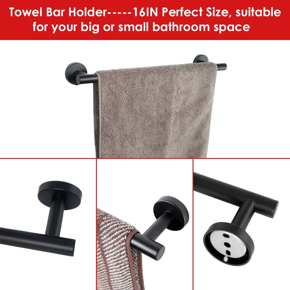6 Pcs Bathroom Hardware Set 304 Stainless Steel-Towel Rack Set Include Hand Towel Bar+Toilet Paper Holder+4 Robe Towel Hooks Bathroom Accessory Towel Bar Set (Black, 16IN)