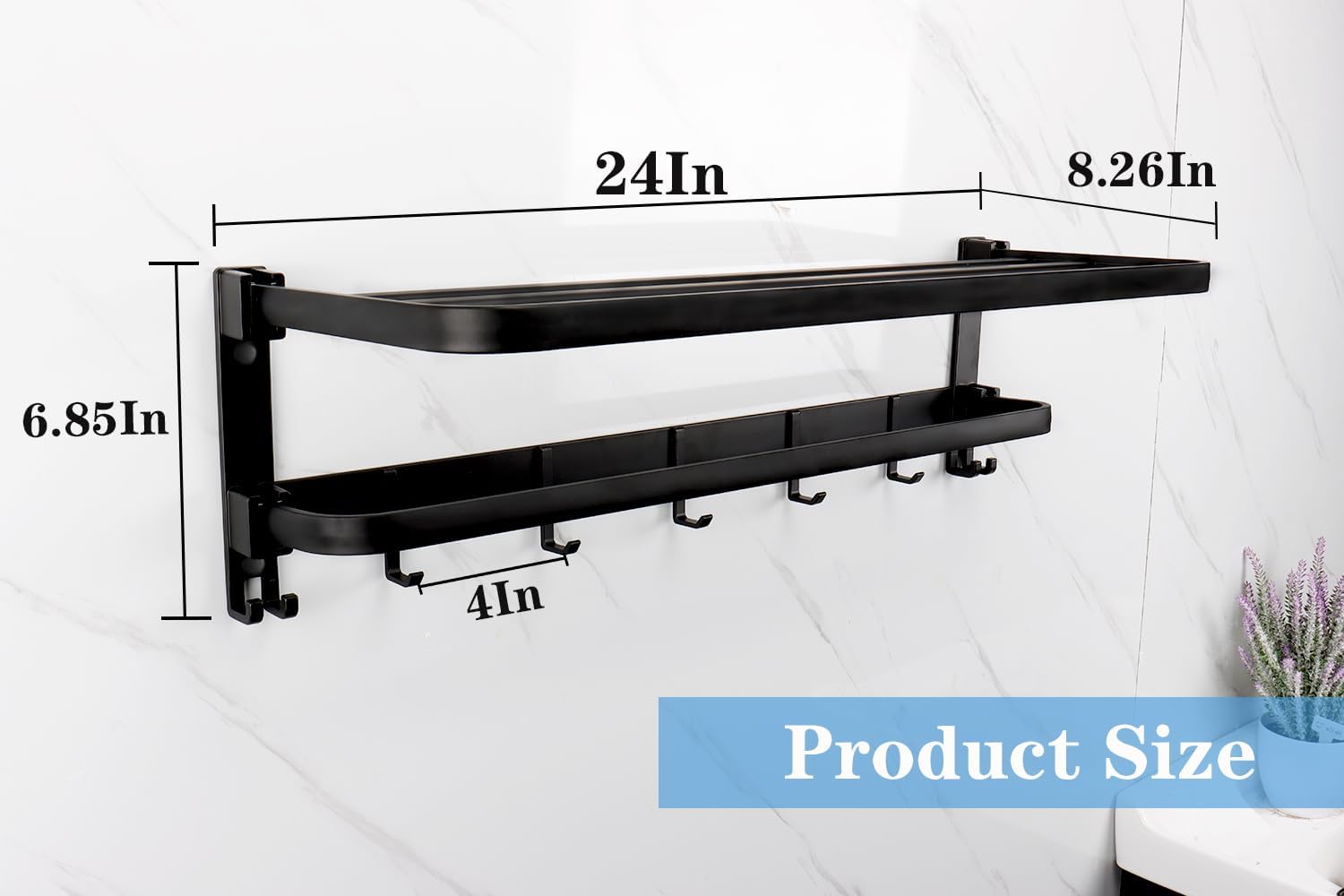 Towel Racks for Bathroom, Foldable Towel Shelf with Towel Bar & 7 Towel Hooks, Rustproof Double Bath Towel Holder Wall Mounted Towel Storage Hanger