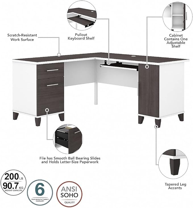 60W L Shaped Desk with Hutch and 5 Shelf Bookcase