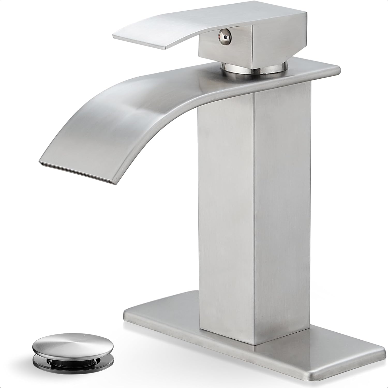 Brushed Nickel Bathroom Faucet Single Handle, Brass Waterfall Bathroom Sink Faucet 1 Hole or 4 Inch 3 Hole Bathroom Faucets with Deck Plate & Pop-up Drain Supply Hose for Lavatory No Splashing