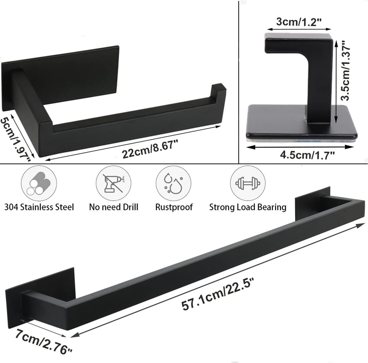 5 Pieces Self Adhesive Bathroom Hardware Set-SUS304 Stainless Steel-Towel Rack Set Include 24″Towel Bar+Toilet Paper Holder+3 Towel/Robe Hooks Bathroom Accessory Towel Bar Set (Black, 24 in)