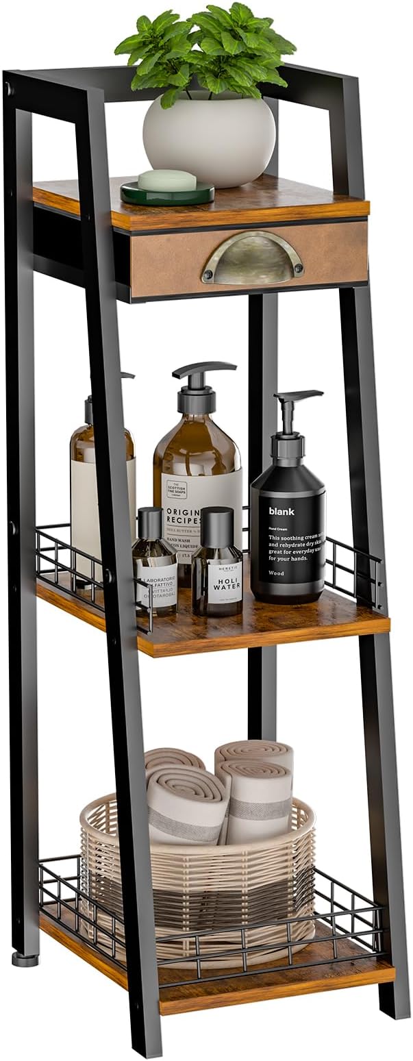 3-Tier Slim Bathroom Ladder Shelf, Bathroom Organizers and Storage with Drawer, Open Floor Standing Shelves