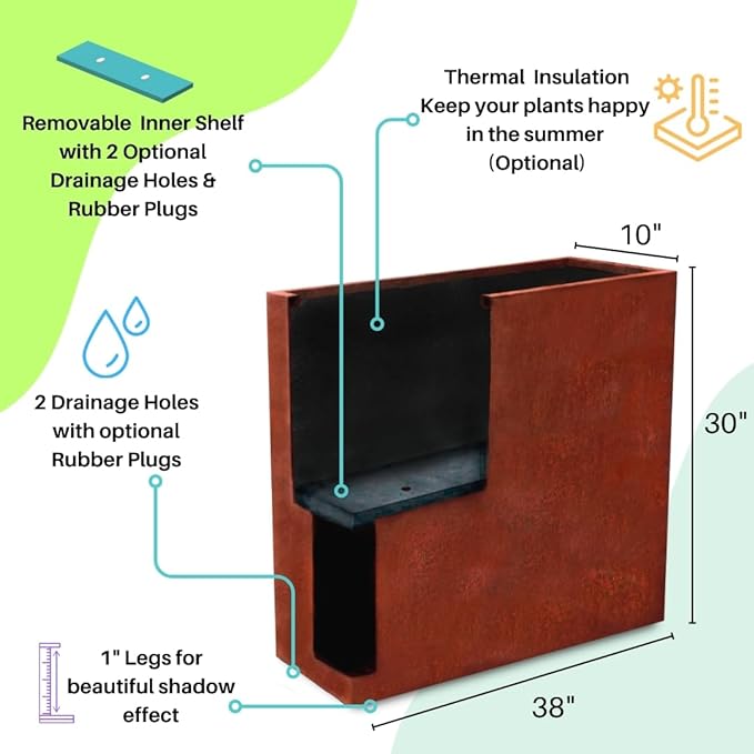 Corten Steel Planter Large Rectangle for Outdoor, Metal Planter Box -30”x38”x10”