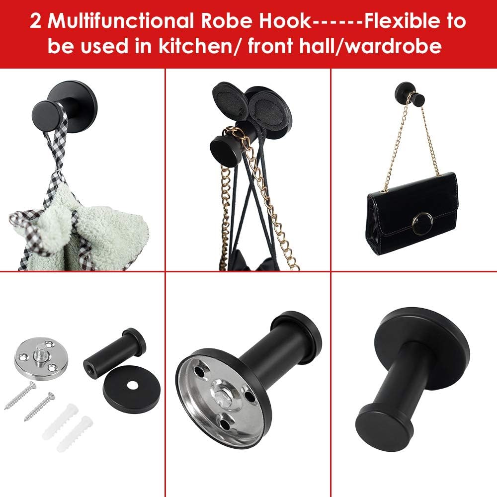 6 Pcs Bathroom Hardware Set 304 Stainless Steel-Towel Rack Set Include Hand Towel Bar+Toilet Paper Holder+4 Robe Towel Hooks Bathroom Accessory Towel Bar Set (Black, 16IN)