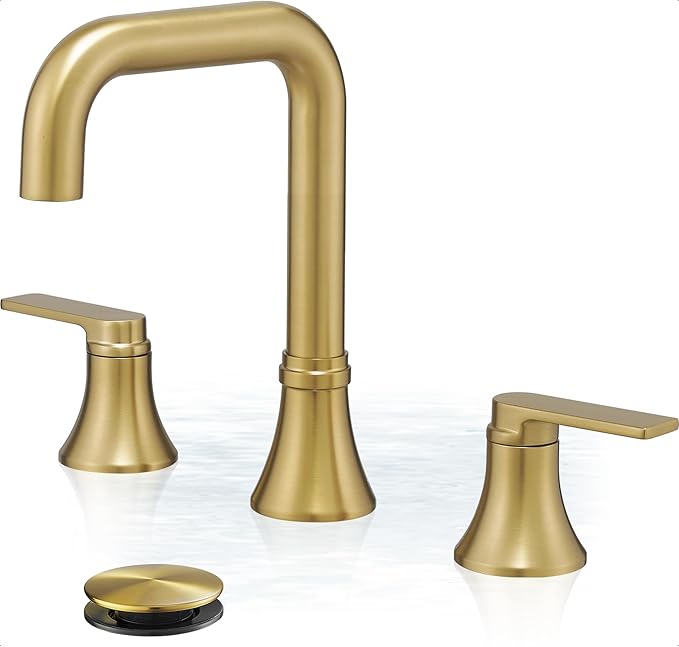 Brushed Gold Bathroom Faucet Widespread 4-16 Inch Sink Faucet Bathroom 3 Hole, 360 Degree Swivel Bathroom Faucets for Sink, Faucet for Bathroom Sink with 2 Handles & Pop-Up Drain Saving Water