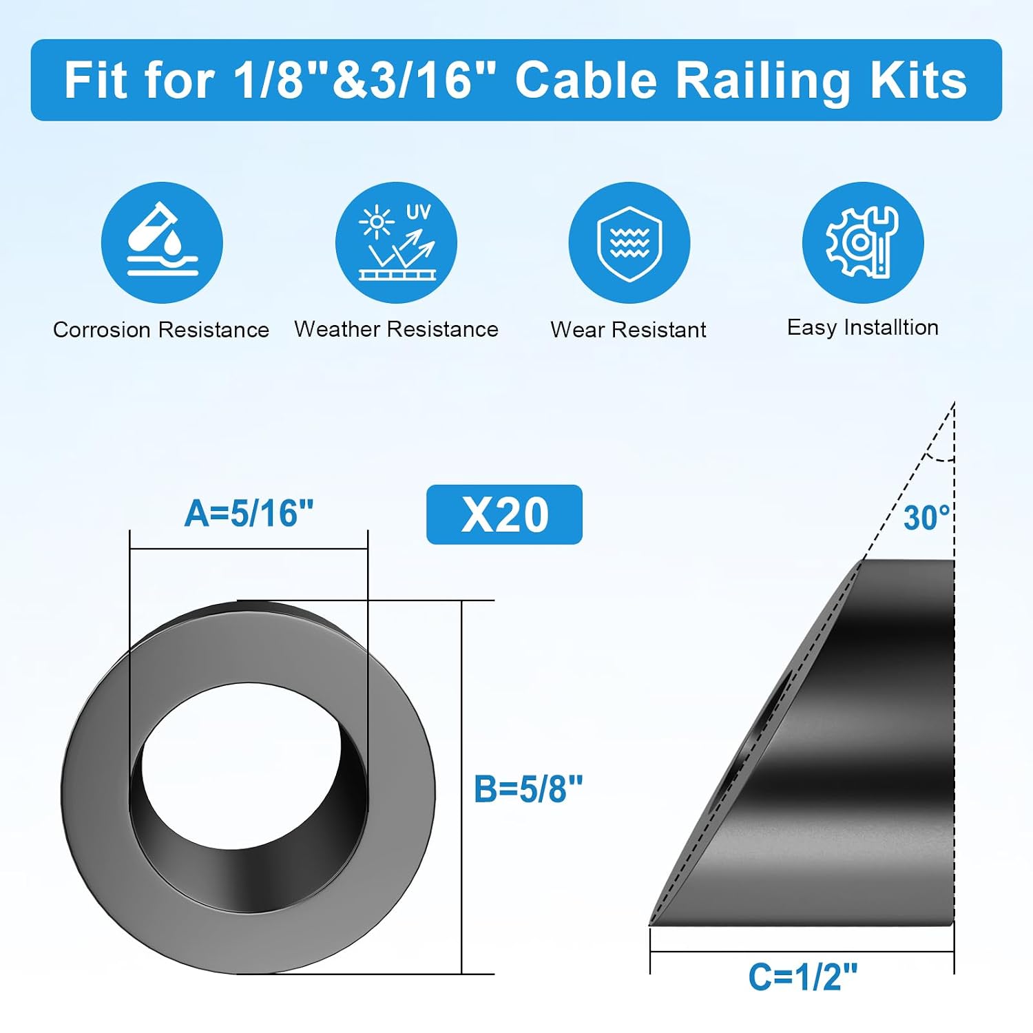 Complete Cable Railing Hardware Kit Bundle - 10 Invisible Tensioners + 20 Angle Washers