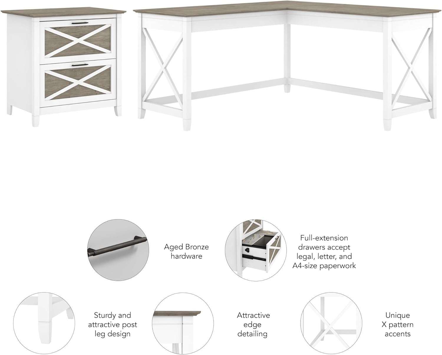 Corner Computer Table with Storage for Home Office with Filing Unit