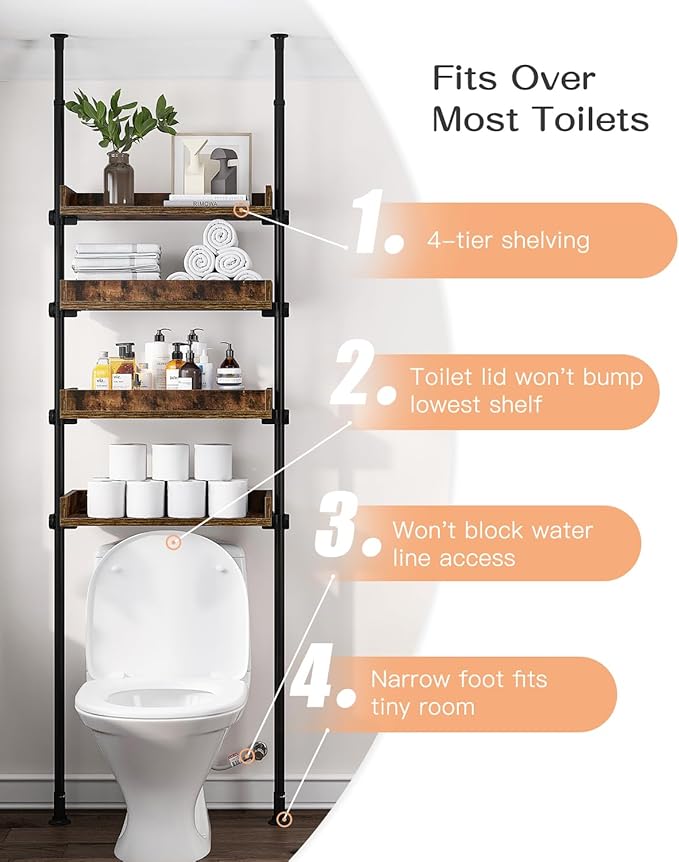 Bathroom Organizer, Over The Toilet Storage, 4-Tier Adjustable Wood Shelves for Small Rooms, Saver Space Rack