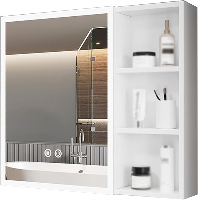 Bathroom Mirror Cabinet with Light White Wall-Mounted Mirror Cabinet