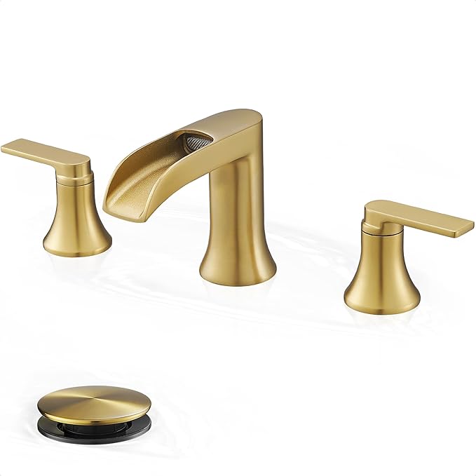 Brushed Gold Bathroom Faucet Waterfall, 4-16 Inch Brass Widespread Faucet for Bathroom Sink 3 Hole, 2 Handle Bathroom Sink Faucets for Modern Farmhouse Hotel with Pop-Up Drain & Supply Hose