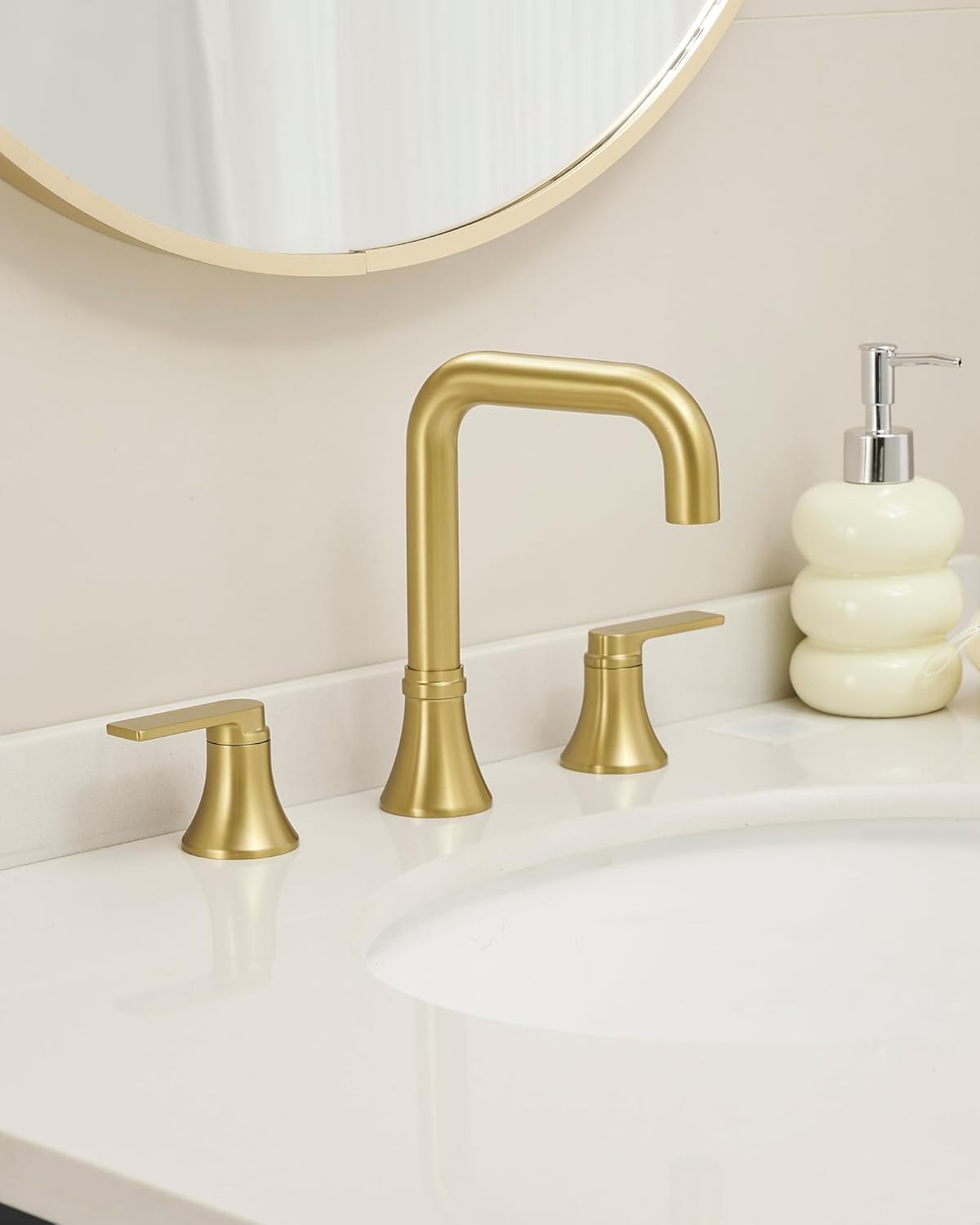 Brushed Gold Bathroom Faucet Widespread 4-16 Inch Sink Faucet Bathroom 3 Hole, 360 Degree Swivel Bathroom Faucets for Sink, Faucet for Bathroom Sink with 2 Handles & Pop-Up Drain Saving Water