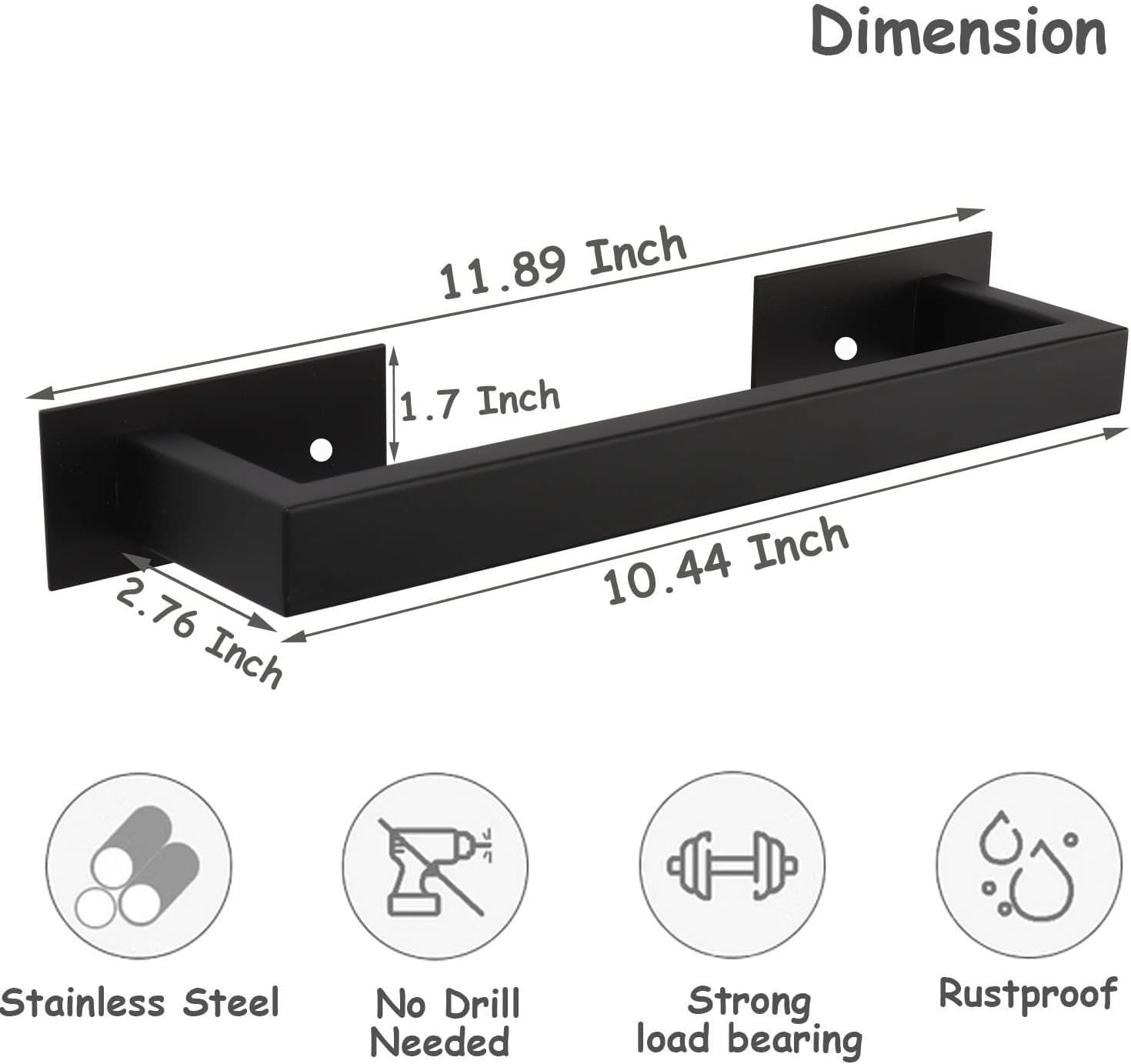 Bathroom Towel Bar Self Adhesive, No Drilling Towel Rack Easy to Install,Hand Towel Holder Made of Premium Stainless Steel Sticky on Hand Towel Hanger for Kitchen, Toilet(12IN, Black)
