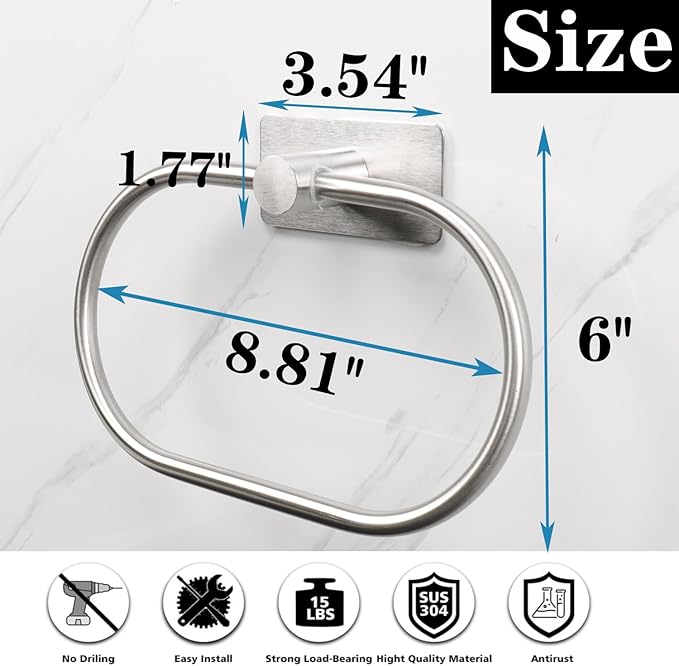 Oval Towel Ring, Strong Self Adhesive Hand Towel Holder, Thicken SUS304 Stainless Steel Stick Hand Towel Rack, No Drilling Wall Modern Hand Towel Hanger for Bathroom Kitchen(Brushed Nickel)