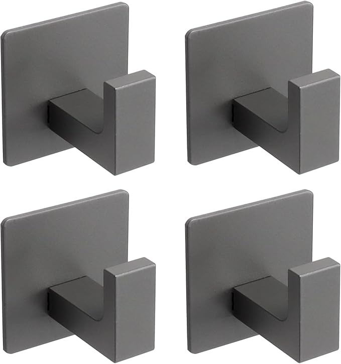 Bath Towel Hooks, 4 Pack Self Adhesive Square Coat Hooks, Sturdy No Drilling Robe Hook, Stainless Steel Heavy Duty Clothes Hanger, Wall Hooks for Bathroom Bedroom Kitchen (2 in, Grey)