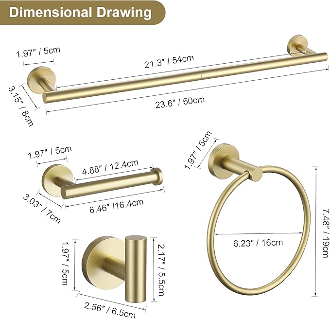 Bathroom Towel Holder Set, 5-Piece Towel Bar Set Brushed Gold Steel Wall Mounted Bathroom Hardware Accessories