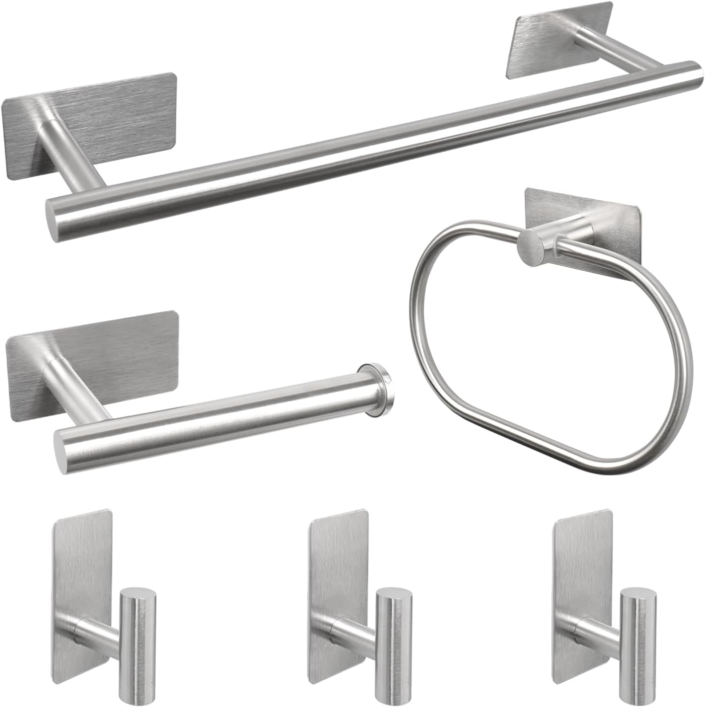 6 PCS Self Adhesive Bathroom Hardware Set, Stainless Steel Towel Rack Set - 16In Bath Towel Bar+Toilet Paper Holder+3 Towel Hooks+Towel Ring No Drill Bathroom Accessory Kit(Brushed Nickel)