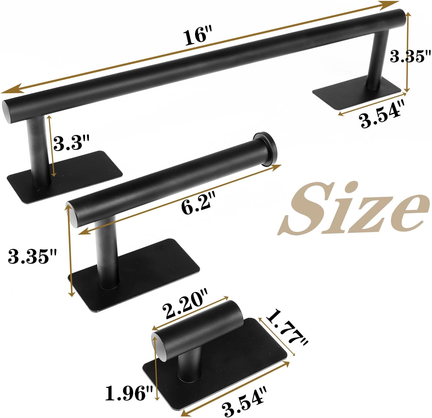 5 PCS Self Adhesive Bathroom Hardware Set, Stainless Steel Towel Rack Set Include 16In Bath Towel Bar+Toilet Paper Holder+3 Towel/Robe Hooks No Drill Bathroom Accessory Kit(Matte Black)