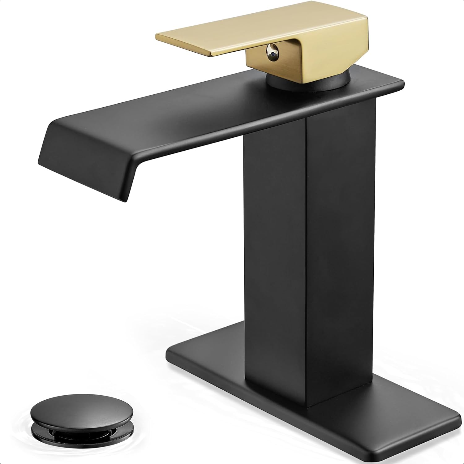 Black and Gold Bathroom Faucet Waterfall, Brass Bathroom Sink Faucet Single Handle, Bathroom Faucets One Hole or 3 Hole Bathroom Sink Faucets with Deck Plate & Pop-up Drain for Shopping Malls