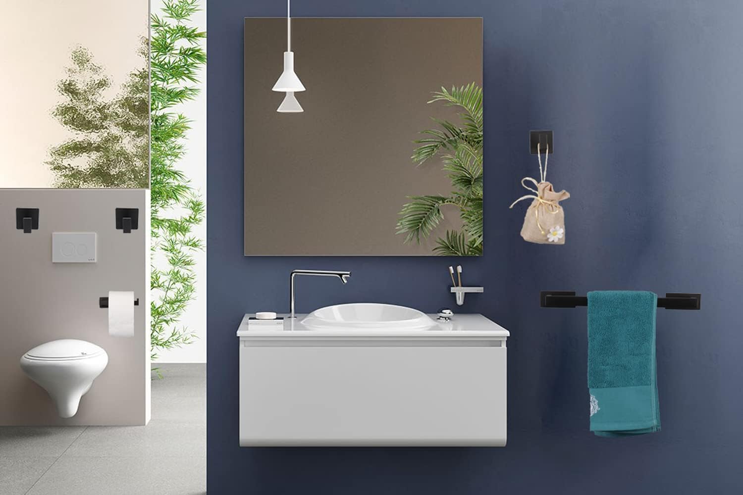 5 Pieces Self Adhesive Bathroom Hardware Set-SUS304 Stainless Steel-Towel Rack Set Include 16″Towel Bar+Toilet Paper Holder+3 Towel/Robe Hooks Bathroom Accessory (Matte Black, 16 in)