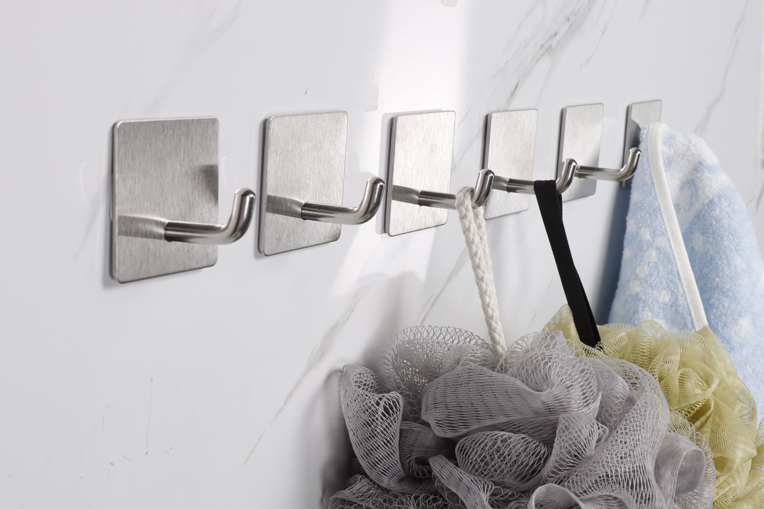 Bath Towel Hooks - 6 Pack Strong Self Adhesive Coat/Clothes Hooks, No Drilling Sticky Hooks, Heavy Duty 304 Stainless Steel Shower Wall Hook for Bathroom Kitchen Bedroom(Brushed Nickel)