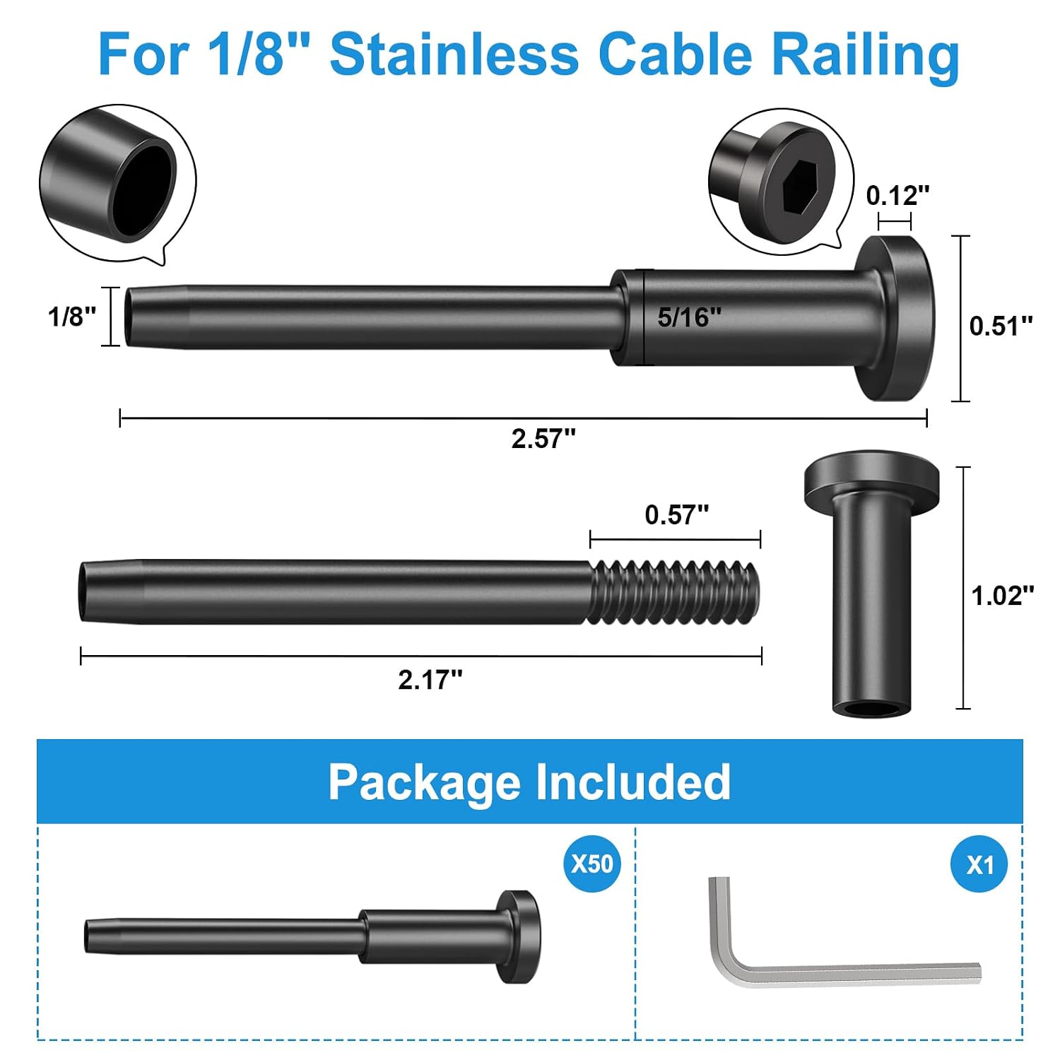 50 Pack 1/8" T316 Stainless Steel Invisible Cable Railing Kits