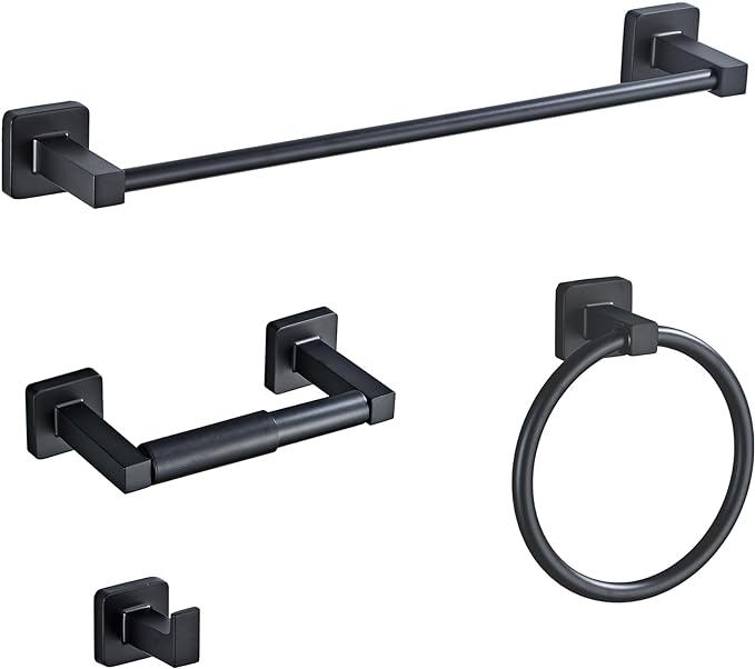 Matte Black Bathroom Hardware Set 4 Pieces,Towel Bar Set Stainless Steel Wall Mounted, Includes 16In Hand Towel Bar