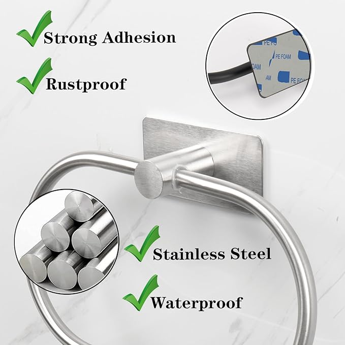 Oval Towel Ring, Strong Self Adhesive Hand Towel Holder, Thicken SUS304 Stainless Steel Stick Hand Towel Rack, No Drilling Wall Modern Hand Towel Hanger for Bathroom Kitchen(Brushed Nickel)