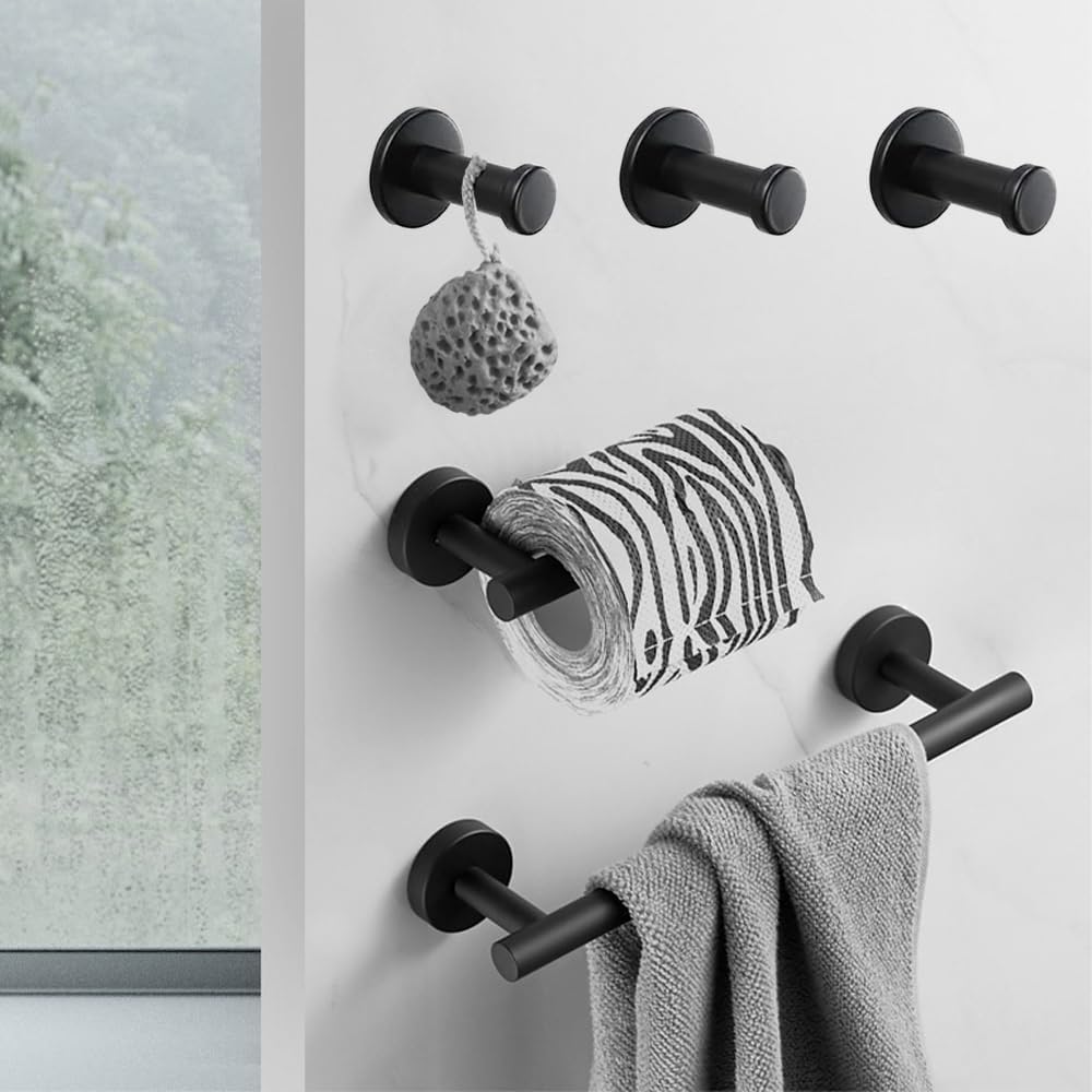 6 Pcs Bathroom Hardware Set 304 Stainless Steel-Towel Rack Set Include Hand Towel Bar+Toilet Paper Holder+4 Robe Towel Hooks Bathroom Accessory Towel Bar Set (Black, 16IN)