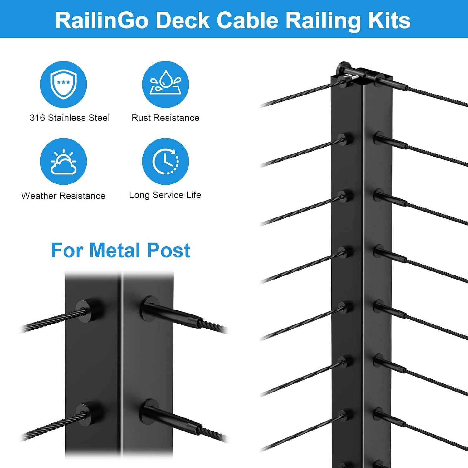 Complete Cable Railing System Bundle - 36" Side Mount Post with 10-Pack Cable Railing Terminal Ends