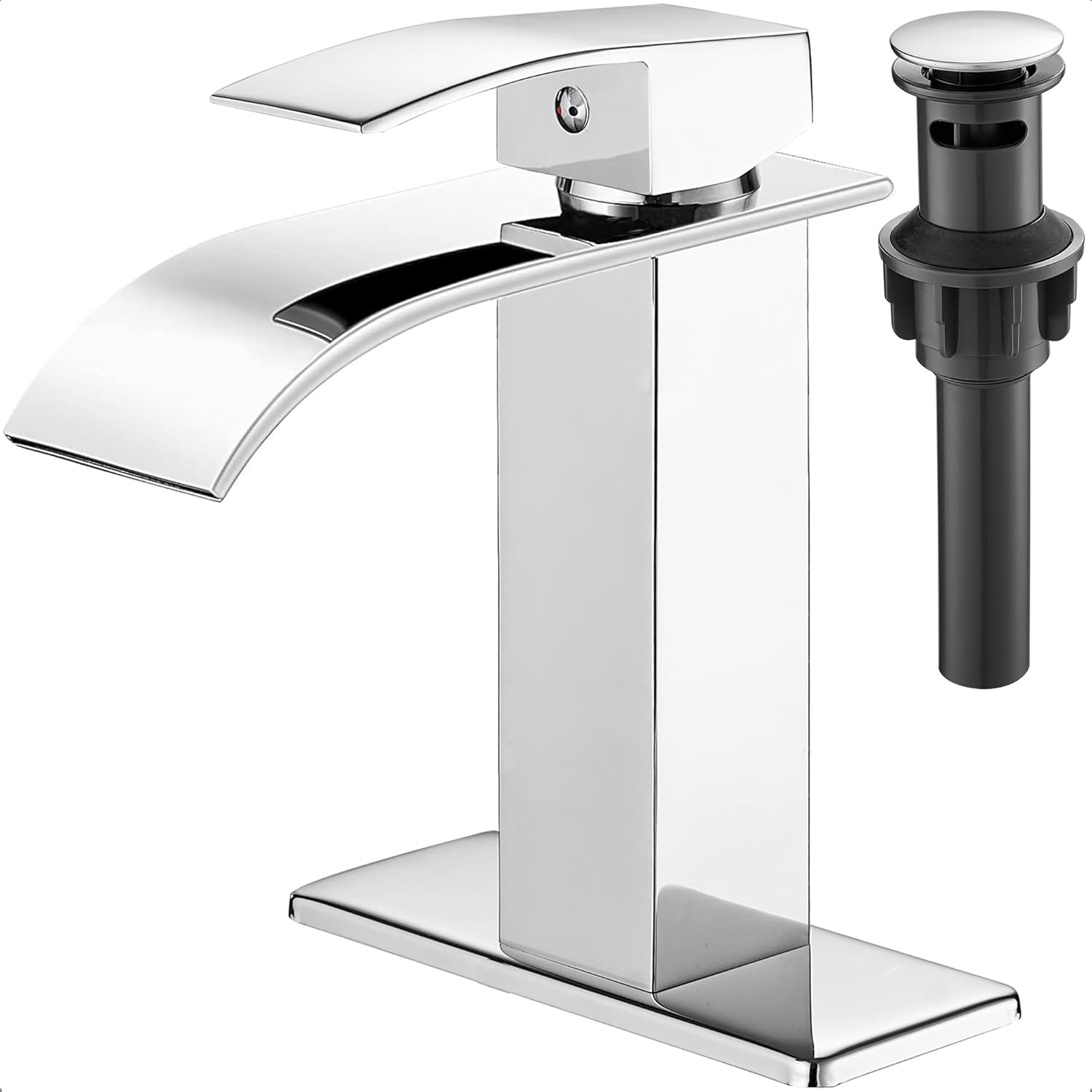 Bathroom Waterfall Faucet, Brass Chrome Bathroom Faucet Single Hole or 3 Hole (4 Inch) Bathroom Faucets Single Handle with Deck Plate & Pop-Up Drain Water Hoses for Apartment 5 Mins Installation