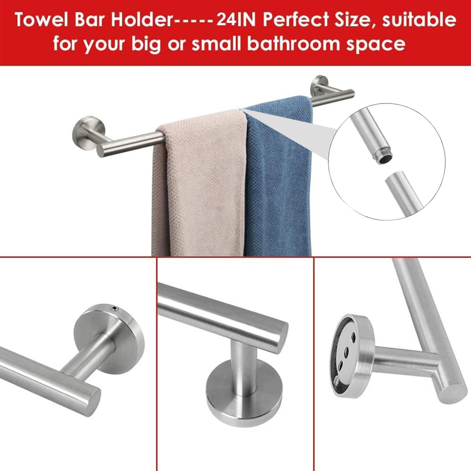 6 Pieces Bathroom Hardware Set 304 Stainless Steel-Towel Rack Set Include Hand Towel Bar+Toilet Paper Holder+4 Robe Towel Hooks Bathroom Accessory Towel Bar Set (Brushed, 24IN)