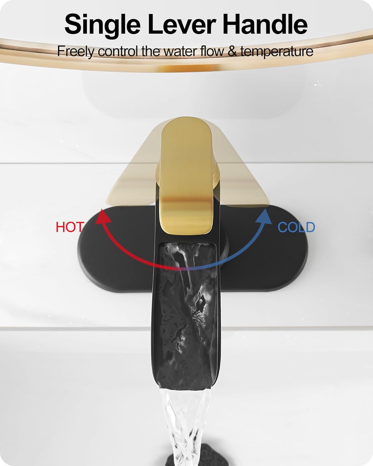 Brass Black and Gold Bathroom Faucet Waterfall, 1 Handle Bathroom Faucets for Sink 1 Hole or 3 Hole (4 Inch) with Drain Supply Hose & Deck Plate