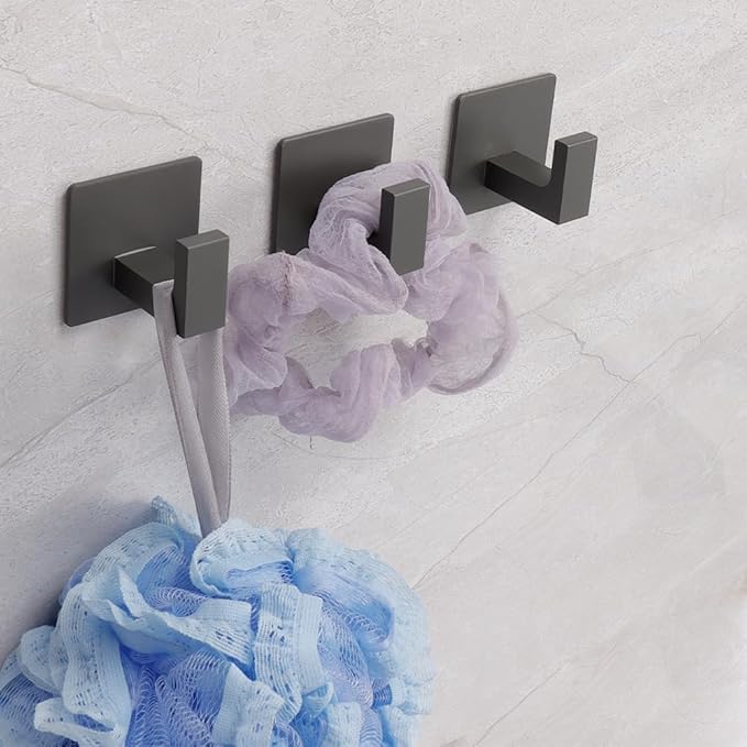 Bath Towel Hooks, 4 Pack Self Adhesive Square Coat Hooks, Sturdy No Drilling Robe Hook, Stainless Steel Heavy Duty Clothes Hanger, Wall Hooks for Bathroom Bedroom Kitchen (2 in, Grey)