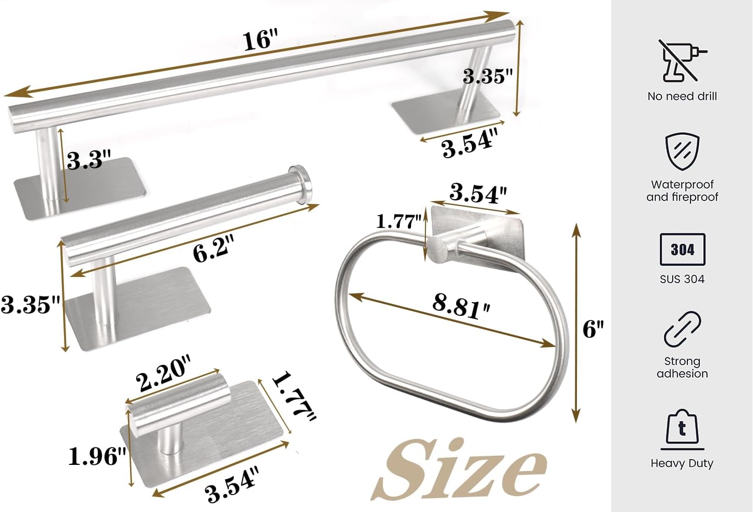 6 PCS Self Adhesive Bathroom Hardware Set, Stainless Steel Towel Rack Set - 16In Bath Towel Bar+Toilet Paper Holder+3 Towel Hooks+Towel Ring No Drill Bathroom Accessory Kit(Brushed Nickel)