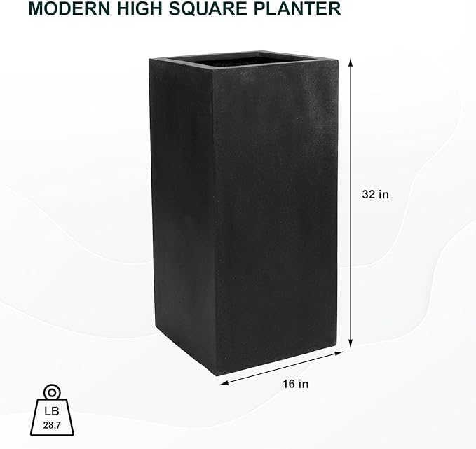 Fiber Stone Indoor Outdoor Modern Black High Square Planter
