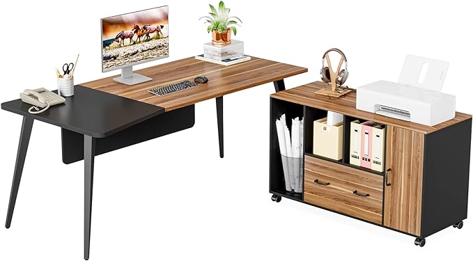 70 inch Large L Shape Computer Desk and 47" File Cabinet Set